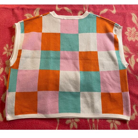 Color block orange white and aqua crewneck sleeveless sweater SZ Large - Picture 3 of 6